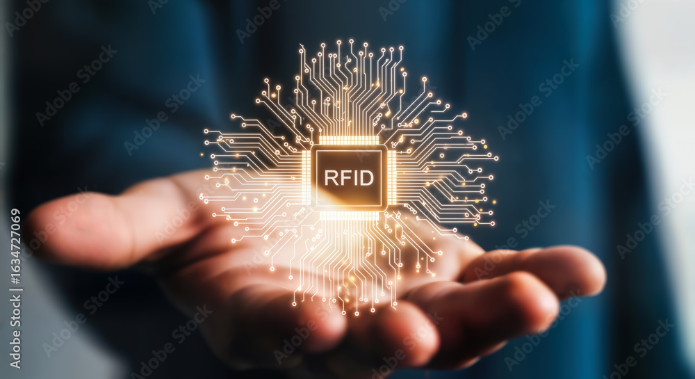 Aufkleber closeup of a glowing rfid chip with intricate circuitry, held in a persons open palm, symbolizing ad