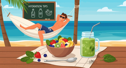 Relaxing tropical beach scene with hydration tips for a healthy lifestyle