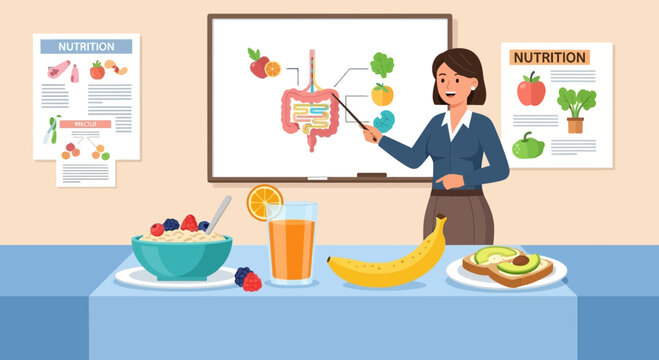 Illustration of a nutritionist explaining the importance of healthy eating habits for digestion