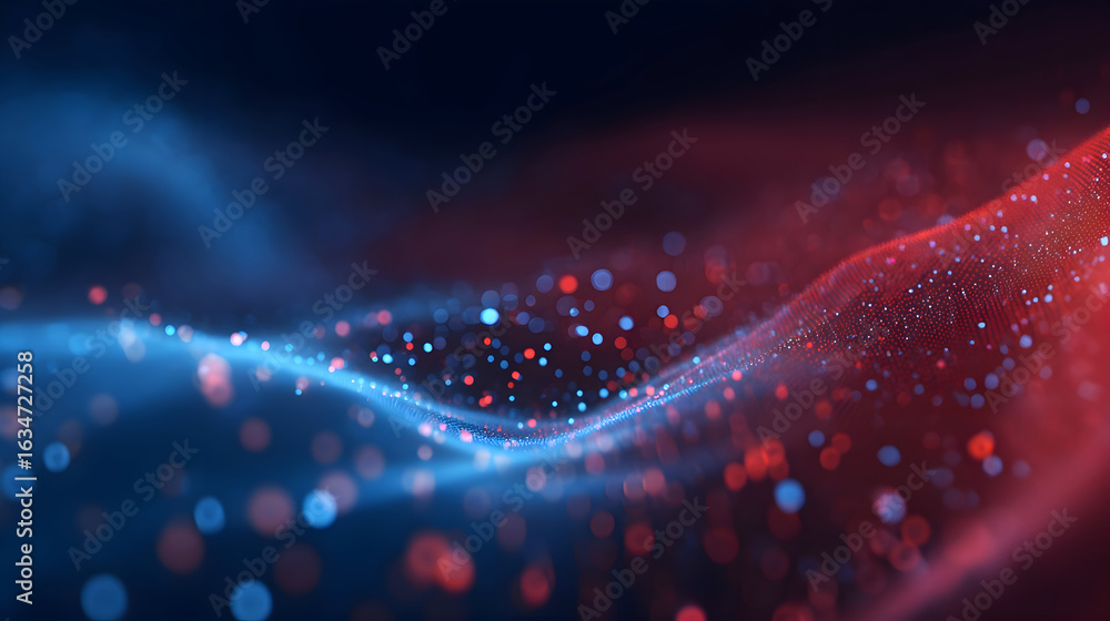 Poster futuristic digital wave of luminous red and blue particles with shallow depth of field.