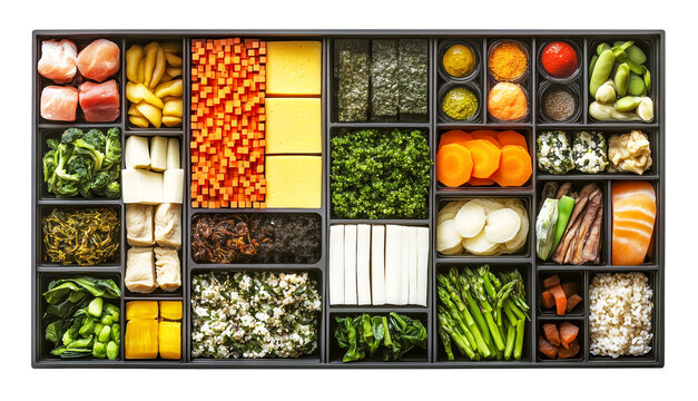 Modern bento box features array of colorful ingredients arranged like abstract pixel art, including vegetables, fish, and grains. vibrant display is both artistic and appetizing., isolated