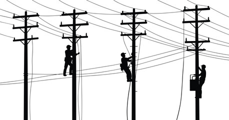 Electric linemen working on power poles, high voltage repair, utility workers climbing, maintenance of electric lines, silhouette of linemen