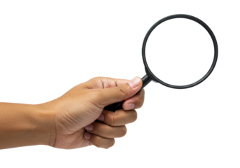 African american hand holding magnifying glass against white for search concept. Cut out PNG