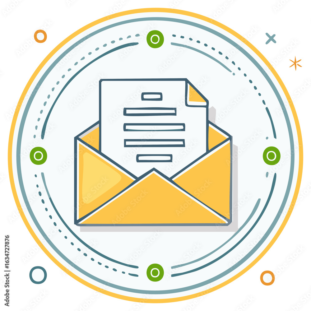 Poster open mail envelope with document inside a decorative circular design