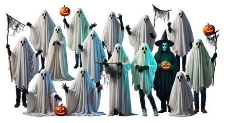 A group of ghosts and a witch at halloween night    .ai generative, transparent background, white background. isolated on white background, png, jpeg, jpg.