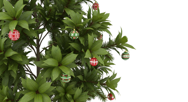 Festive ornaments hanging on a leafy green plant    .ai generative, transparent background, white background. isolated on white background, png, jpeg, jpg.