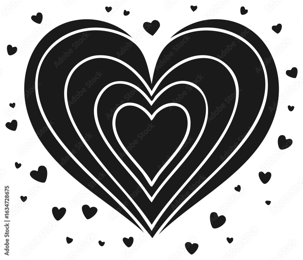 Poster black heart with concentric nested shapes and scattered smaller hearts vector graphic