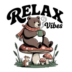 Obraz premium Cute bear wearing scarf sitting on mushroom and drinking coffee isolated on transparent background