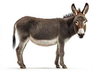 Fototapeta premium Realistic depiction of a donkey standing against a white background showcasing fur texture and posture in a serene moment