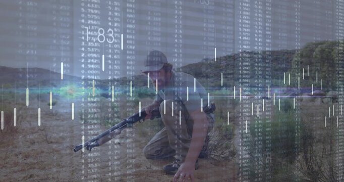 Male hunter entering rocky plain kneeling while financial charts guiding rifle scanning horizon