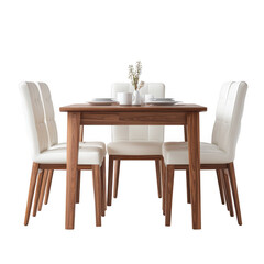 Modern wooden dining table with white leather chairs [Transparent Background PNG].
