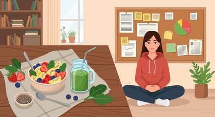 Healthy lifestyle concept with woman meditating after enjoying a nutritious meal illustrating