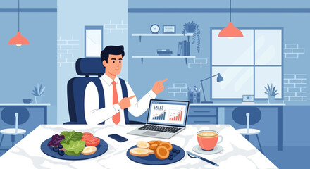 Cartoon illustration of a businessman working from home with breakfast and sales chart