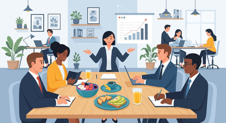 Diverse professionals collaborating in a modern office environment during meeting