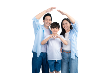A family with happy faces forming a house shape over their son. The mother and father are smiling, making a heart with their hands, and the boy is in the center, also making a heart on png background.