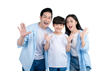 Asian family  family smiling and waving with outstretched hands in a moment of joy and togetherness...