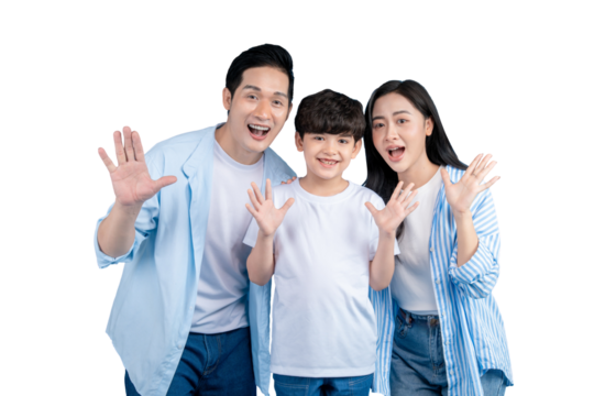 Asian family  family smiling and waving with outstretched hands in a moment of joy and togetherness on png background