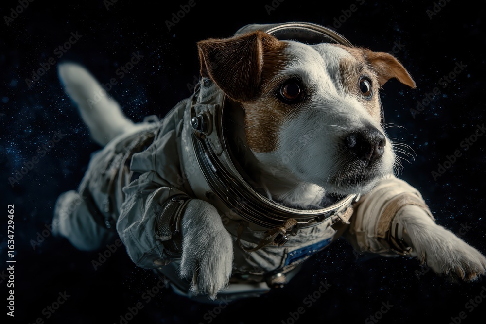 Poster dog in space suit exploring the vastness of space with curiosity and wonder while floating among the