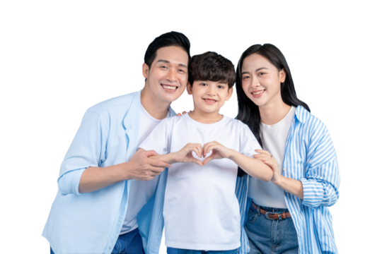 Asian family makes a heart with hands while smiling together. Three family members in light blue clothes make heart shape by hands on png background