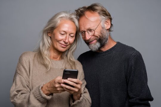 Happy retired couple enjoys using mobile phone together while sharing joyful moments in a cozy setting