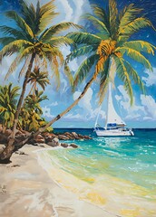 Oil painting wall art, showing a sailboat anchored near a tropical beach.