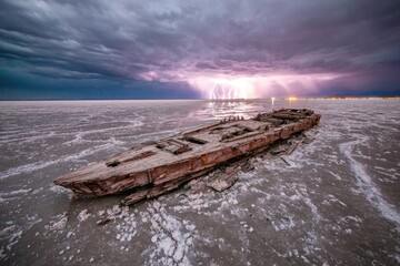 Decayed ship wreck on a salt flat, dramatic storm