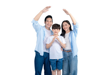 Happy family forming home shape with their arms on png background
