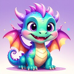 Obraz premium A tiny purple and green dragon, happy and smiling on a simple background.