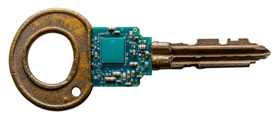 Rusty old key is creatively transformed into modern digital chip, symbolizing fusion of traditional and contemporary technology. image evokes innovation and nostalgia., isolated