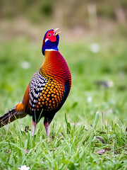 Fototapeta premium A Common Pheasant (Phasianus colchicus) displaying its mating call on a meadow. The colorful male stands proudly in the grass, calling loudly to attract a mate.