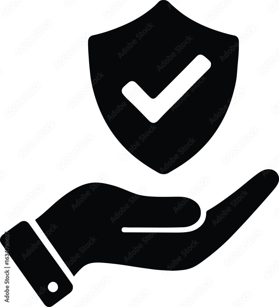 Poster hand holding a shield with a check mark representing protection security and safety with guaranteed 