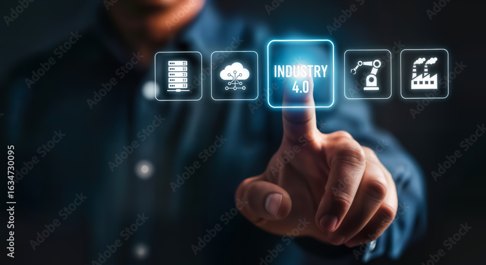 Poster hand pressing button with industry 4.0 text and icons representing smart factory automation, digital