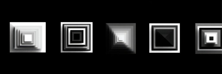 Monochrome geometric variations. A collection of 3D abstract square shapes creating optical illusions of depth and perspective.