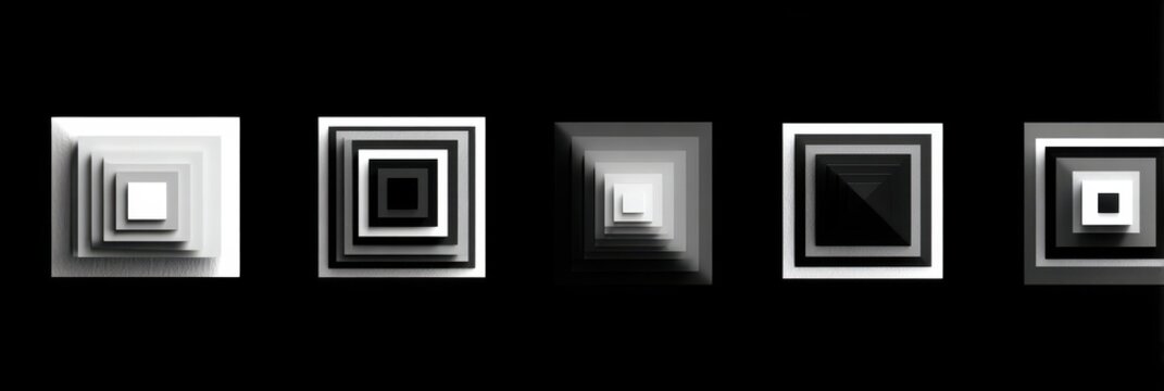 Monochrome geometric variations. A collection of 3D abstract square shapes creating optical illusions of depth and perspective.