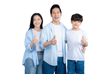 Fototapeta premium A Asian family standing together, giving a thumbs-up gesture on png background