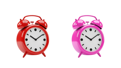 Vibrant Red and Pink Alarm Clocks Isolated on Black Background
