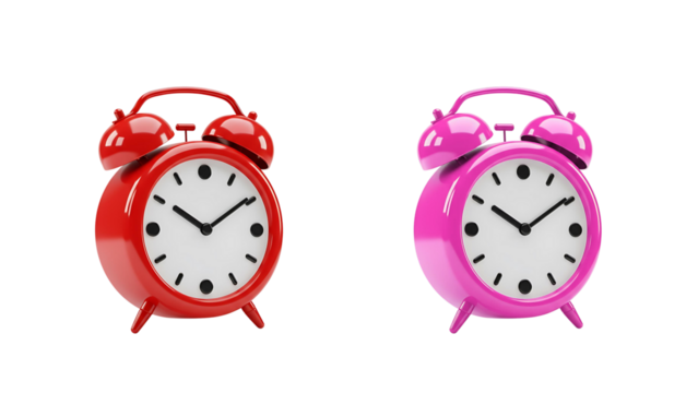 Vibrant Red and Pink Alarm Clocks Isolated on Black Background