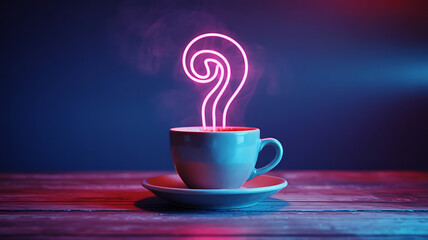 Neon question mark hovers over steaming coffee cup.
