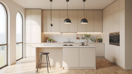 Modern beige kitchen with black accents, island, and large windows.
