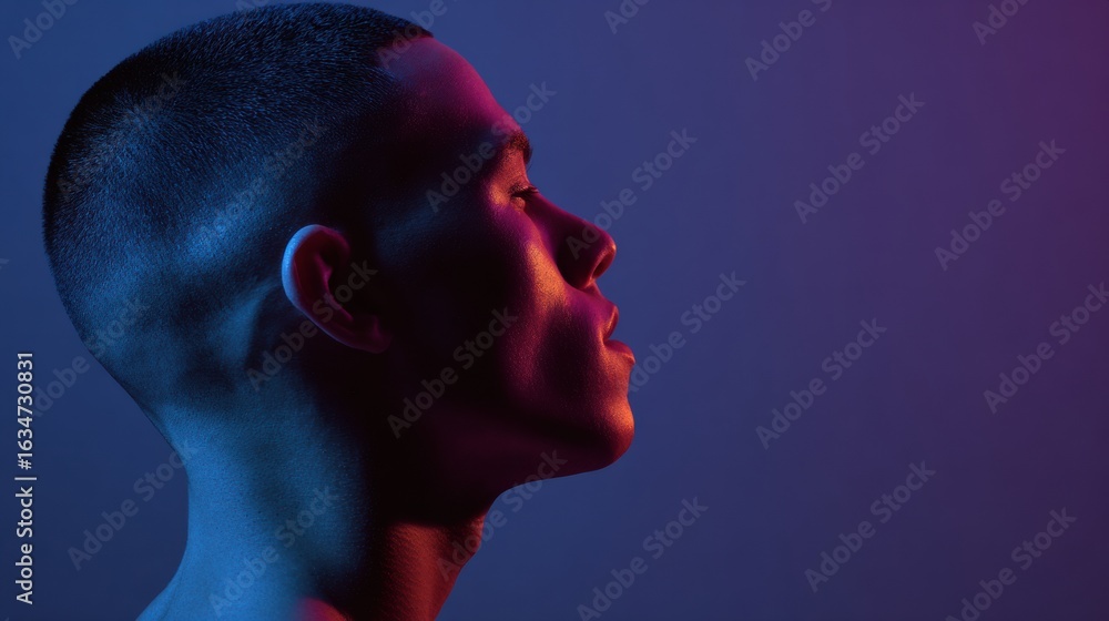 Aufkleber profile view of a person with buzz cut illuminated by gradient lighting against an empty space, show