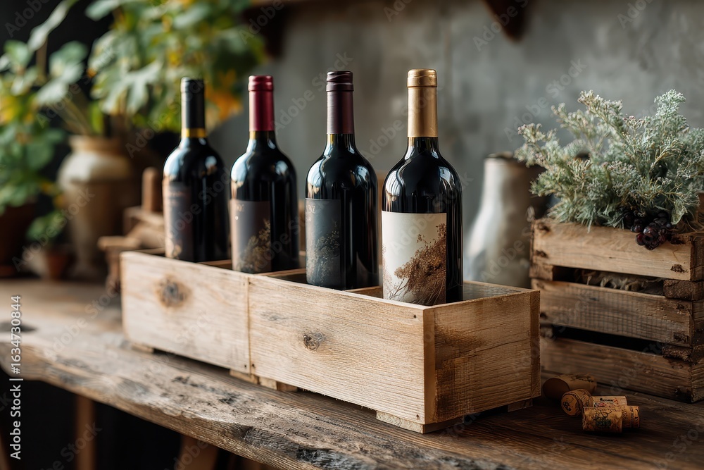 Poster wooden boxes display wine bottles on rustic table with greenery in cozy setting during evening light