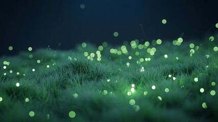 Glowing fireflies illuminate a grassy field at night.
