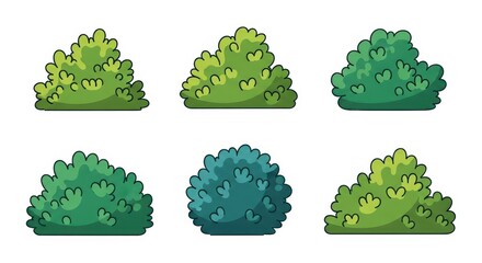 Flat illustration of a collection of six cartoon green bushes and shrubs, isolated on a white background