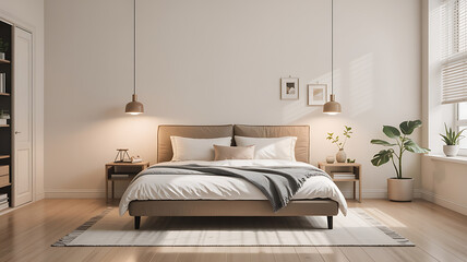 Simple, modern bedroom with beige tones and warm lighting.

