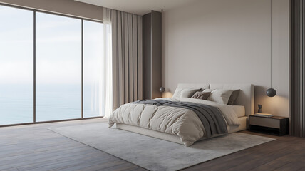 Modern bedroom with ocean views, neutral tones, and a comfortable bed.
