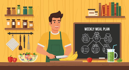 Man preparing healthy food with weekly meal plan in kitchen for healthy lifestyle