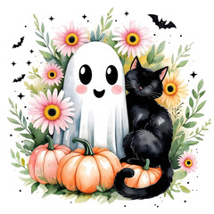 Fototapeta premium Cute kitten and black cat cartoon illustration with a pumpkin for Halloween