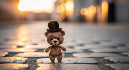 Tiny knitted bear with a top hat on cobblestone street