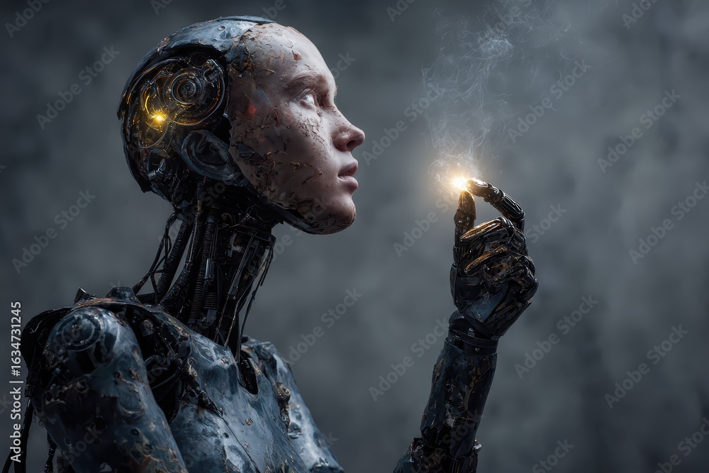 Poster artificial intelligence concept showcasing a humanoid robot contemplating the significance of creati