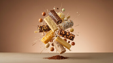 Assorted chocolate bars and candies explode in mid-air.
